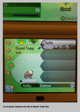 Illustration for article titled Pokemon Sun and Moon's Wonder Trade Is Full of Monsters Named Donald Trump